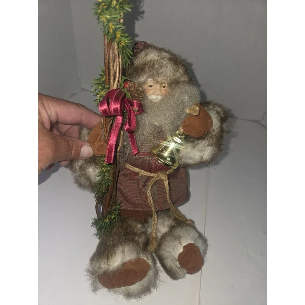 Rustic Santa Claus Fabric & Faux Fur Figurine w/ Bell & Staff Indoor Decor